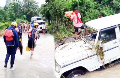 नाले को पार करने के दौरान एक बोलेरो गाड़ी नाले के तेज बहाव में बह गई, हादसे में एक युवक लापता